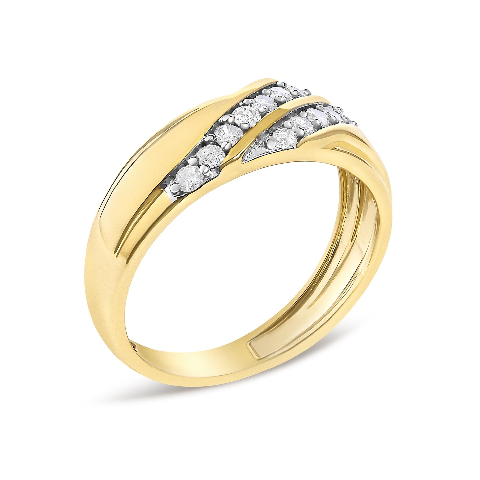 Yellow ring with two intersecting bands set with multiple round white gemstones in prong settings, shown in a close-up angled view.