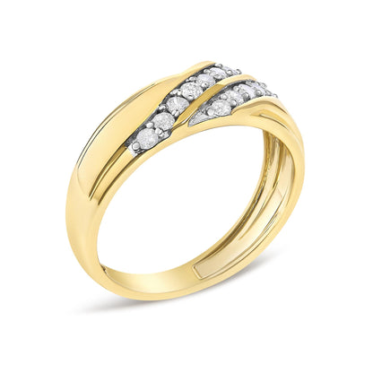 Yellow ring with two intersecting bands set with multiple round white gemstones in prong settings, shown in a close-up angled view.