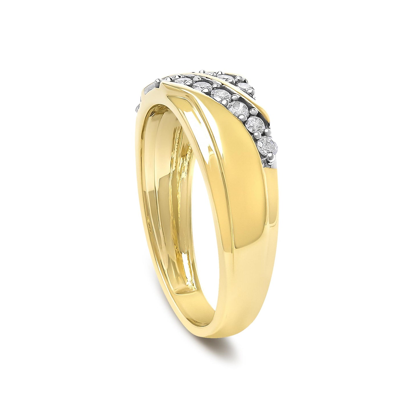 Close-up front angle of a yellow-colored ring featuring two rows of round white gemstones in prong settings along the top.