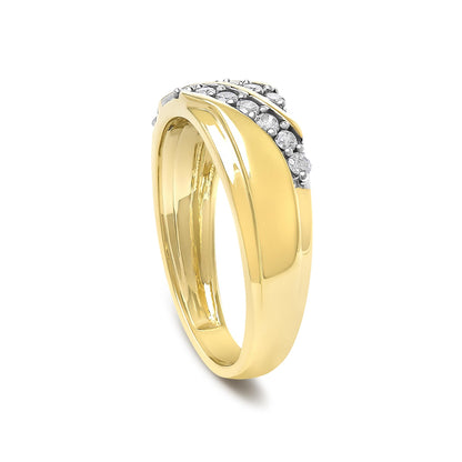 Close-up front angle of a yellow-colored ring featuring two rows of round white gemstones in prong settings along the top.
