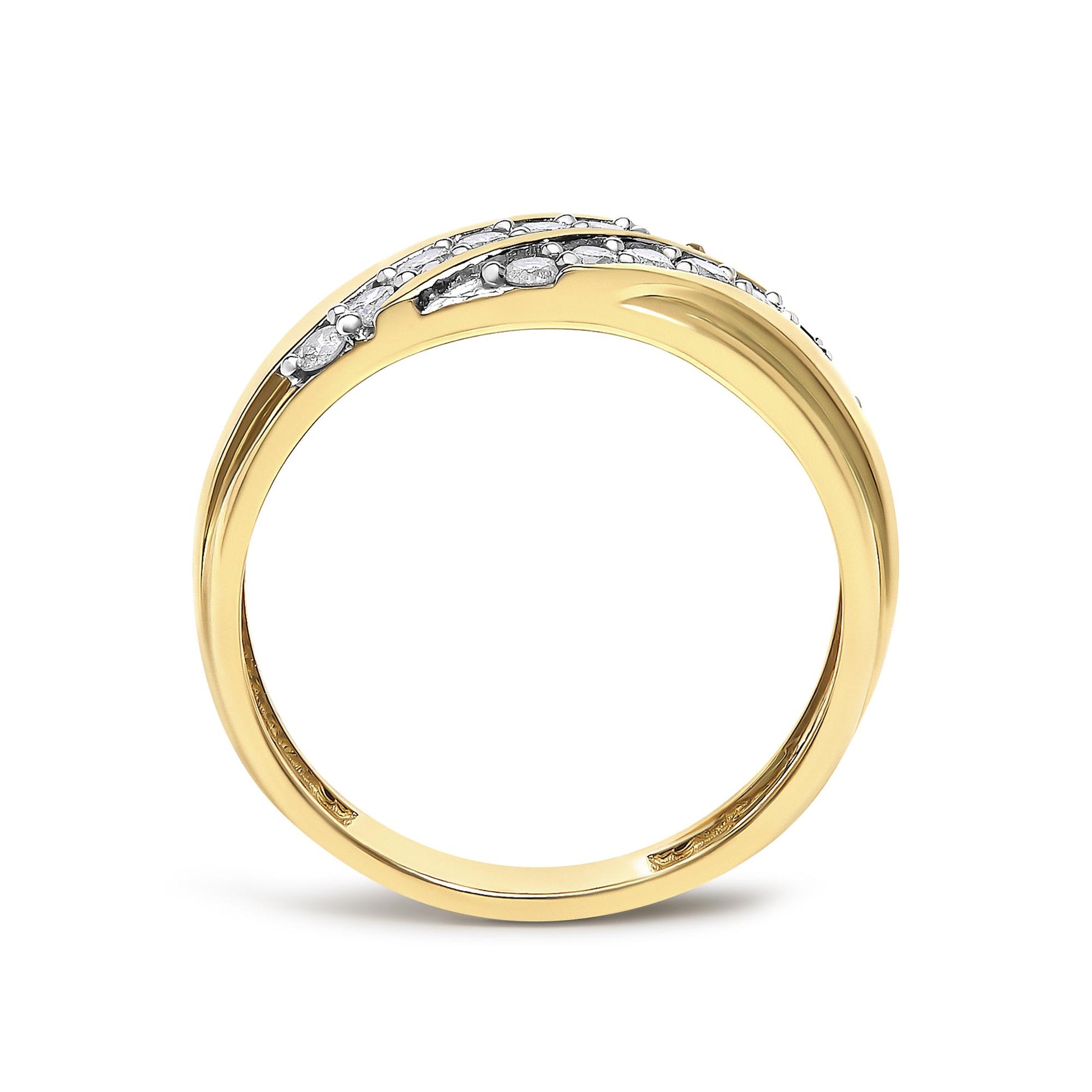 Close-up front angle of a yellow metal ring with a curved design featuring small round white gemstones in prong settings along the top front, shown on a white background.