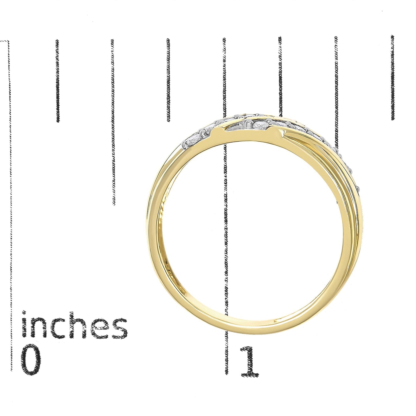 Close-up of a yellow ring with white round gemstones set in prongs, shown on a scale from a side angle.