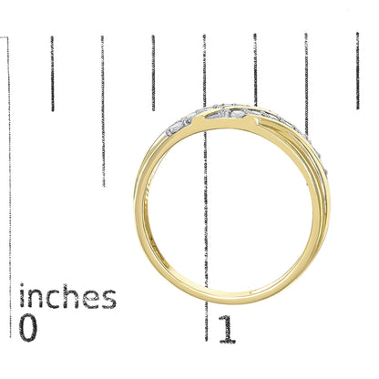 Close-up of a yellow ring with white round gemstones set in prongs, shown on a scale from a side angle.