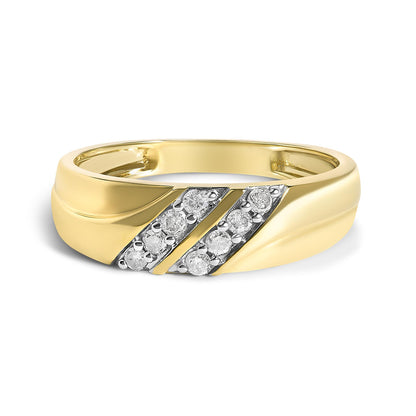 Close-up front view of a yellow metal ring with two diagonal bands set with round white gemstones in prong settings.