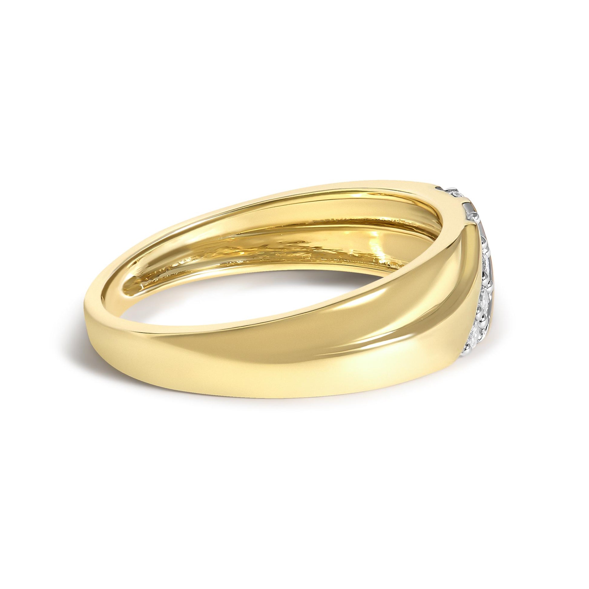 Close-up front angled view of a yellow metal ring with a row of prong-set round white gemstones along one side.