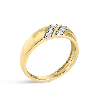 Yellow metal ring with two diagonal rows of white round-shaped gemstones in prong settings, shown in a tilted close-up angle.