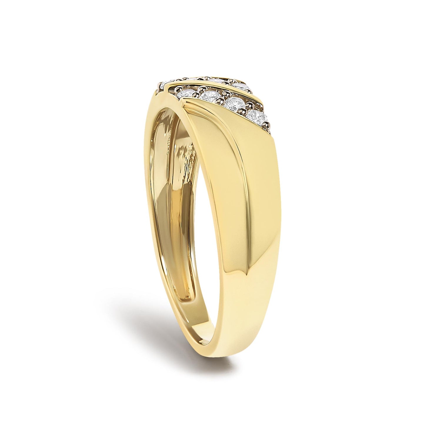 Close-up front angle of a yellow metal ring featuring a row of round white gemstones set in prongs along the top.