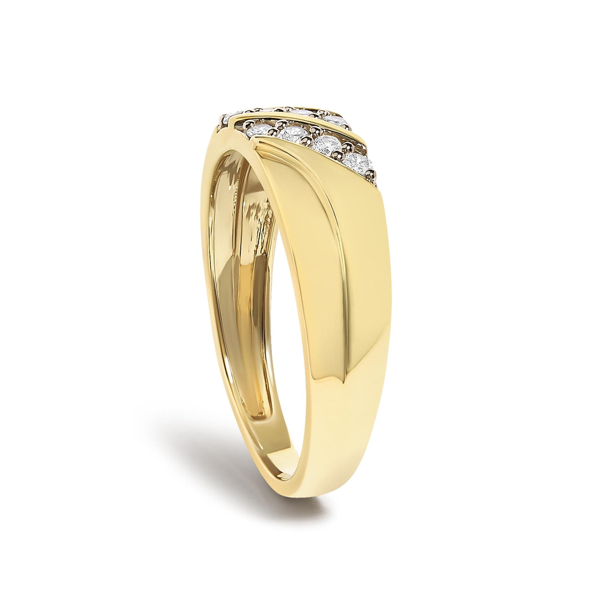 Close-up front angle of a yellow metal ring featuring a row of round white gemstones set in prongs along the top.