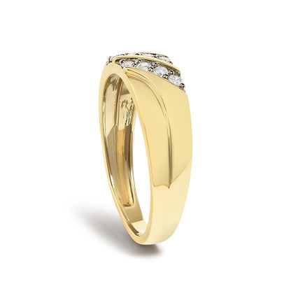 Close-up front angle of a yellow metal ring featuring a row of round white gemstones set in prongs along the top.