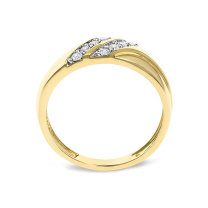Close-up front angle of a yellow metal ring featuring two rows of round white gemstones in prong settings on the upper band.