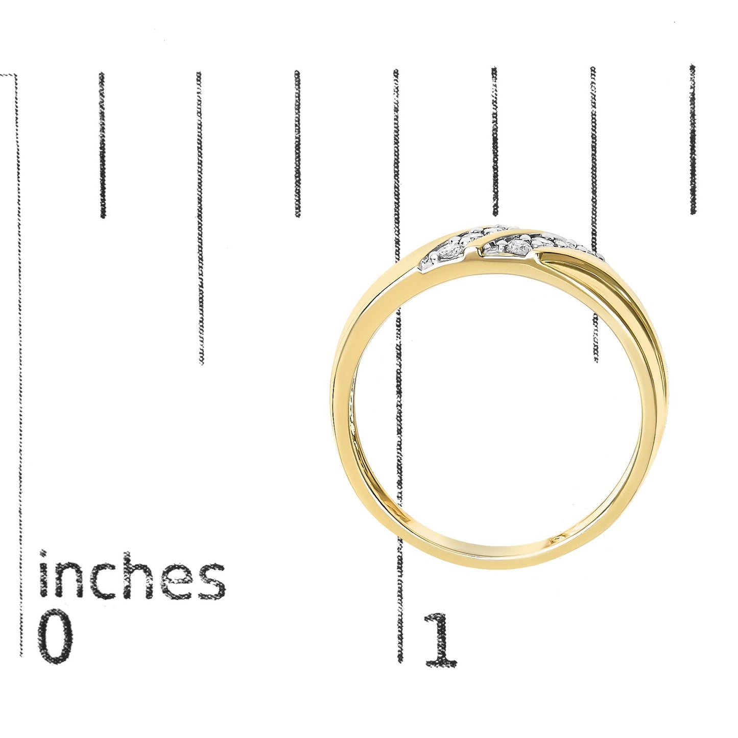 Yellow ring with overlapping bands accented with white round gemstones in prong settings, shown on a scale, angled slightly from above.