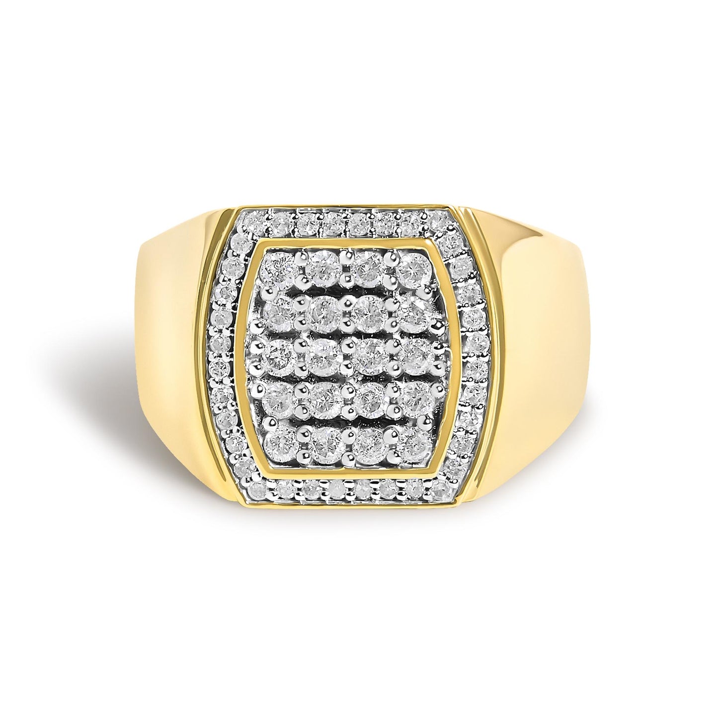 Close-up front angle of a yellow ring featuring two rows of round white gemstones in prong settings arranged in a square pattern on top.