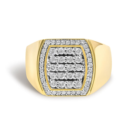 Close-up front angle of a yellow ring featuring two rows of round white gemstones in prong settings arranged in a square pattern on top.