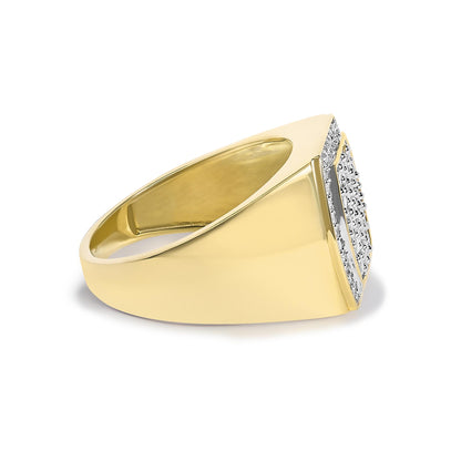 Close-up angled view of a yellow metal ring with two rows of white round gemstones in prong settings on the top edge.