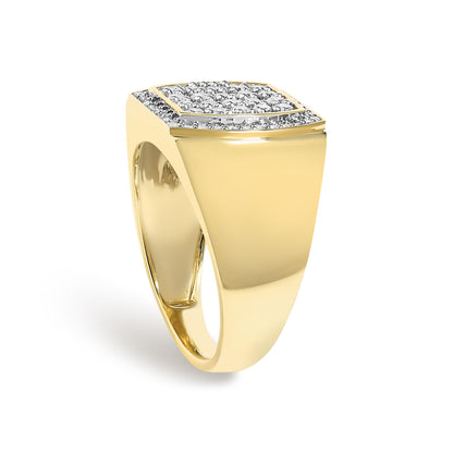 Close-up angled view of a yellow metal ring with square top featuring two rows of small white gemstones in prong settings.