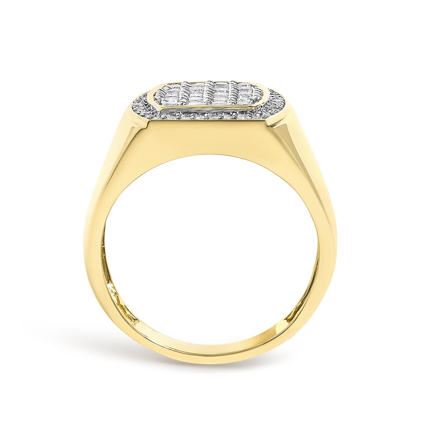 Close-up front view of a yellow ring with a rectangular cluster of white round gemstones in prong settings on top.
