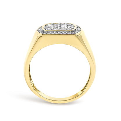 Close-up front view of a yellow ring with a rectangular cluster of white round gemstones in prong settings on top.