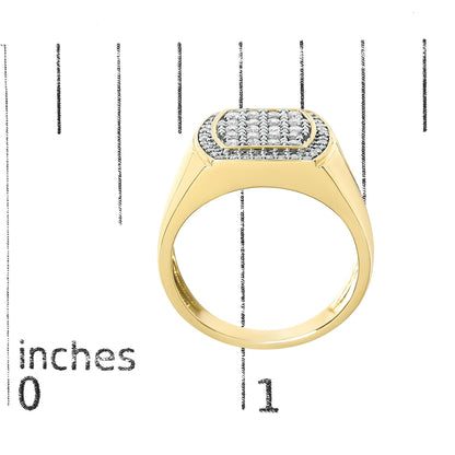 Close-up front angle of a yellow metal ring shown on a scale, featuring two sections of round white gemstones in prong settings on the top.