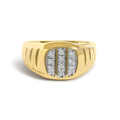 Close-up front view of a yellow ring with rows of round white gemstones set in prongs on the top surface, shown on a white background.