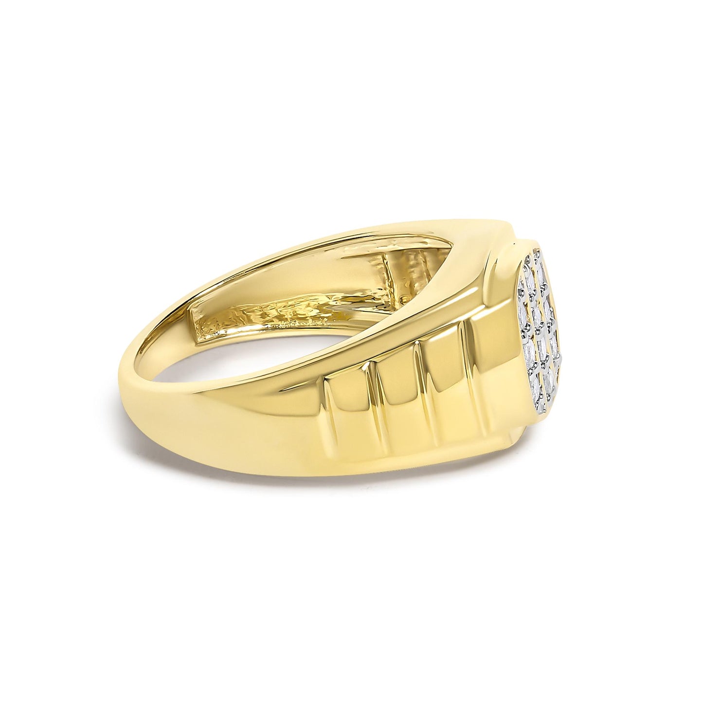 Close-up angle of a yellow metal ring with a geometric pattern, featuring multiple round white gemstones set in prongs on top.