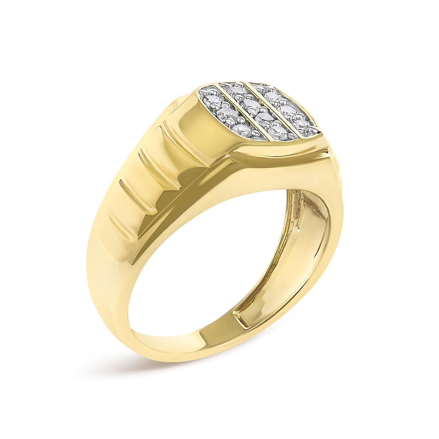 Close-up angled view of a yellow metal ring with a broad band featuring three rows of round white gemstones in prong settings on the top.