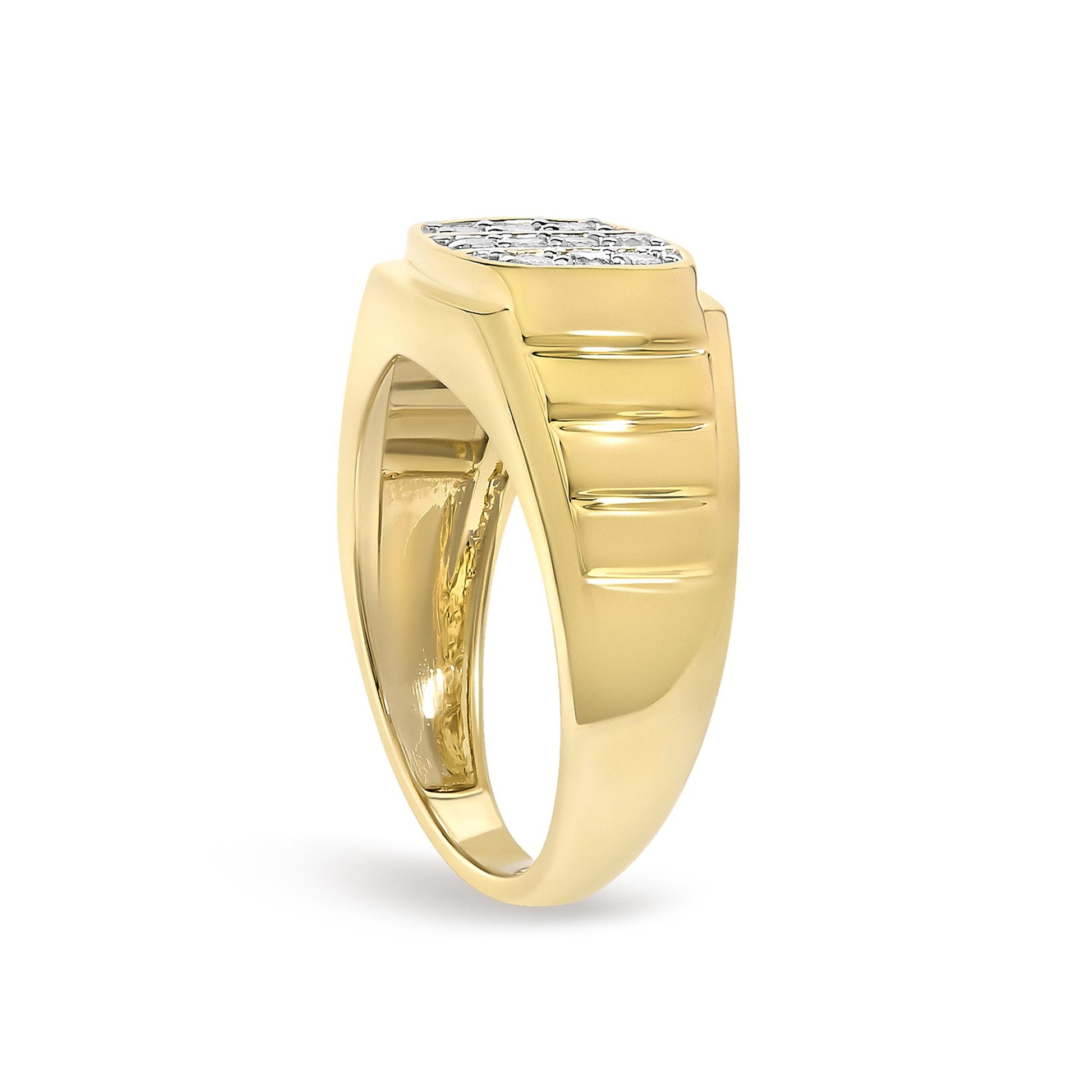 Close-up front angled view of a yellow band ring featuring a rectangular top inset with round white gemstones in prong settings.