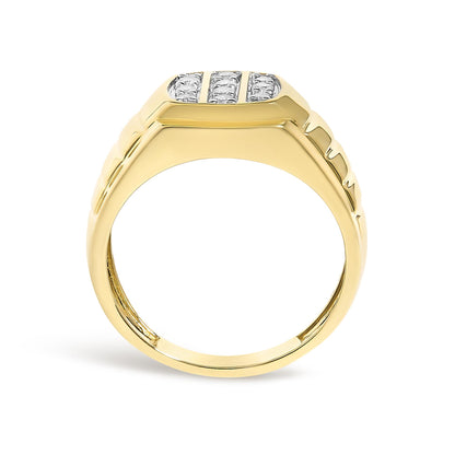 Yellow metal ring with groupings of round white gemstones set in prongs, viewed from a front angle.