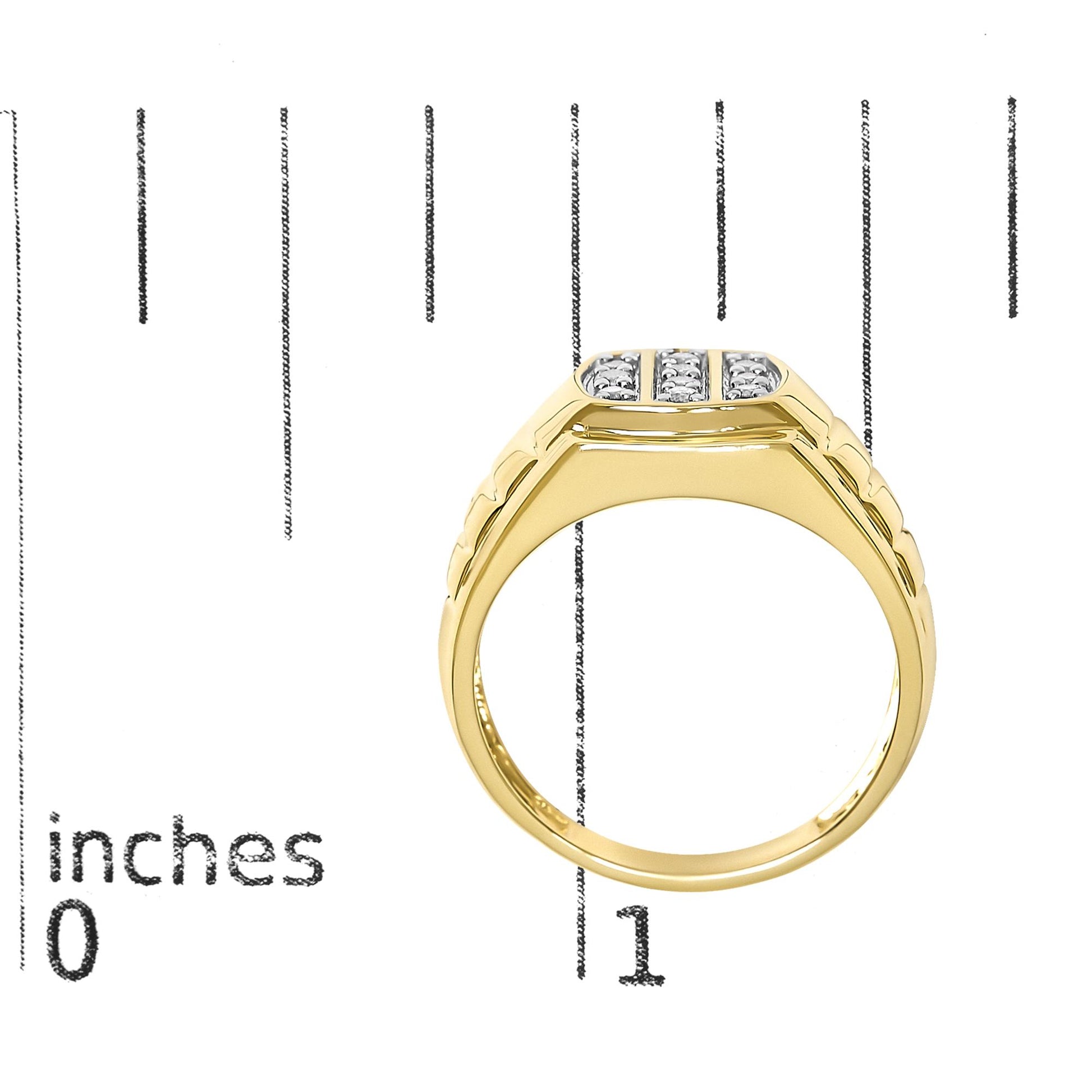 Close-up front view of a yellow metal ring with a rectangular top featuring three rows of round white gemstones in prong settings, shown on a scale.