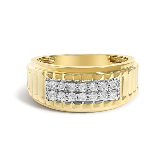 Men's 14K Yellow Gold Plated Sterling Silver 3/8 Cttw Diamond Ribbed Band Ring