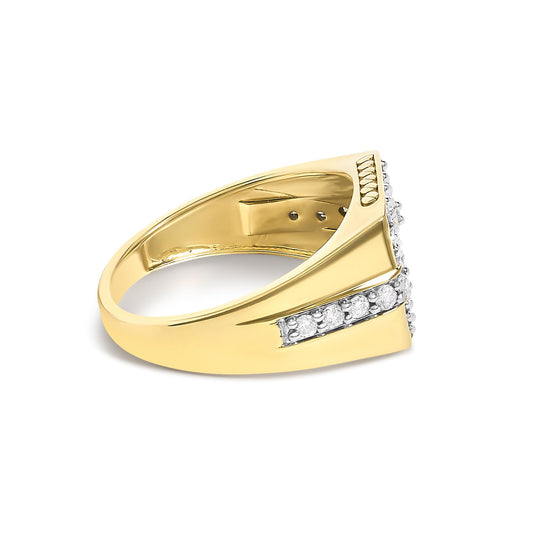 Close-up view of a yellow ring with two rows of white round gemstones set in prong settings, shown at an angle.