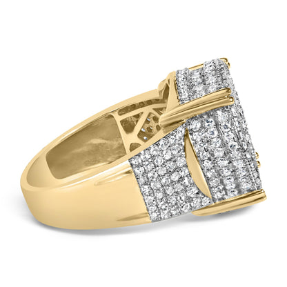 Close-up front angled view of a yellow metal ring featuring a rectangular cluster of small white gemstones in a 4-prong setting.