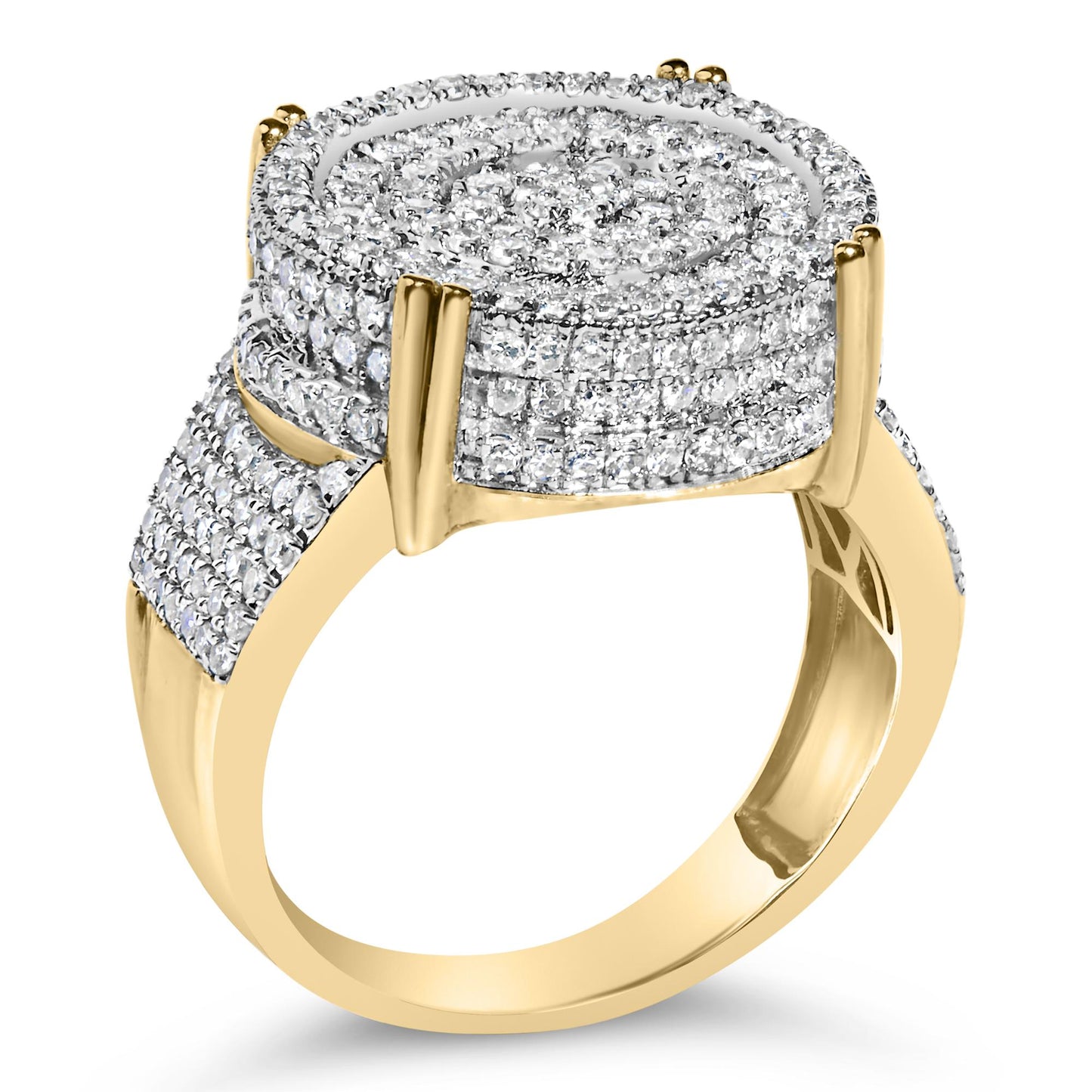 Close-up front angle of a yellow metal ring with multiple small white gemstones in a round shape and 4-prong setting covering the circular top and band.