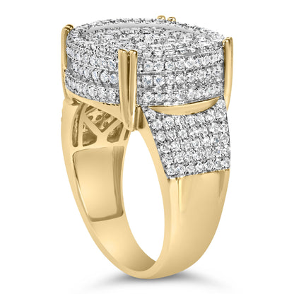 Close-up angled view of a yellow metal ring featuring multiple rows of round white gemstones set in a 4-prong setting on the top and band.