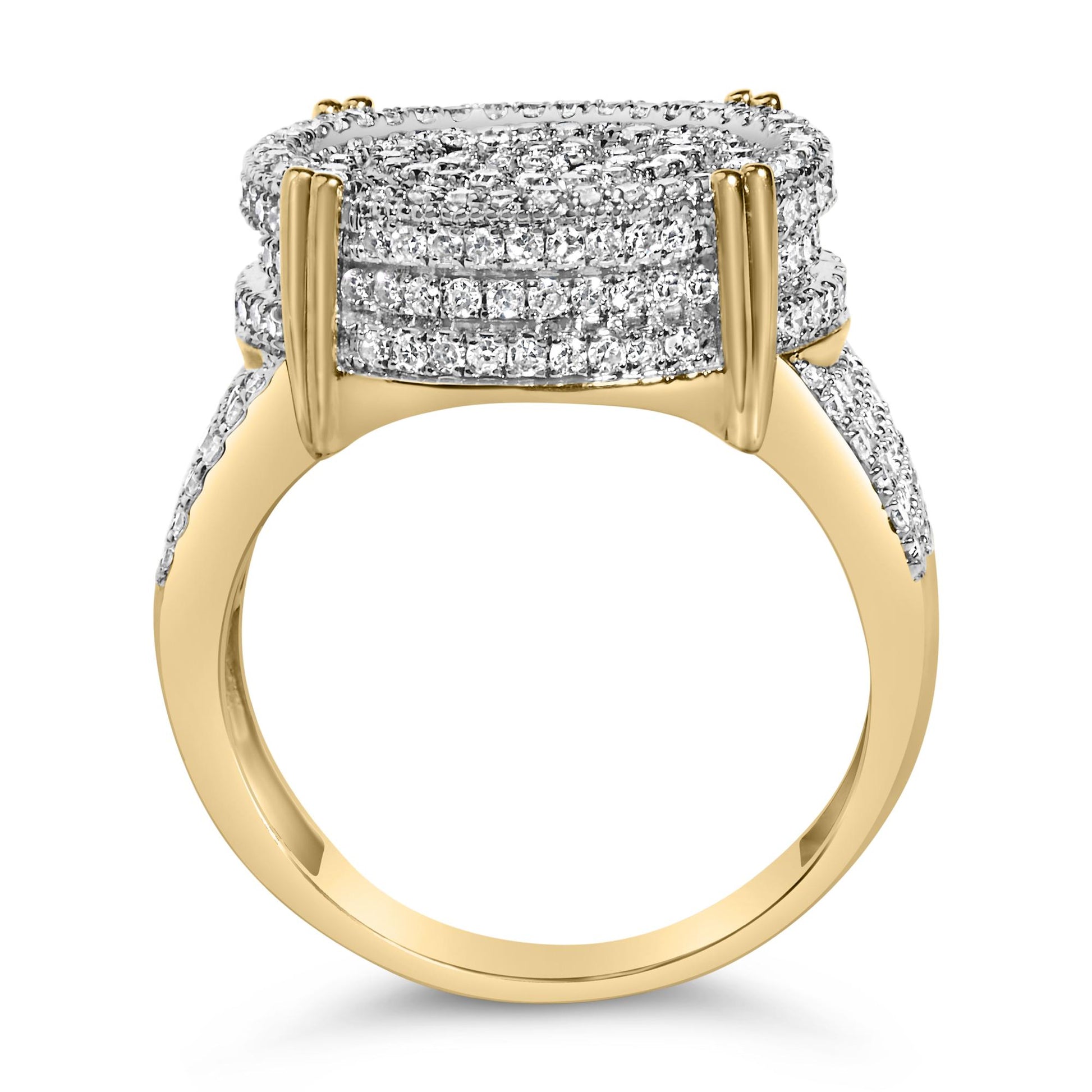Close-up front angled view of a yellow metal ring featuring multiple rows of small round white gemstones held in four-prong settings on the top and along the band.