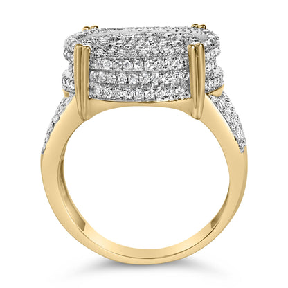Close-up front angled view of a yellow metal ring featuring multiple rows of small round white gemstones held in four-prong settings on the top and along the band.