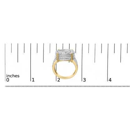 Yellow metal ring with multiple rows of white gemstones in a square cluster, shown on a ruler scale, side angle view.