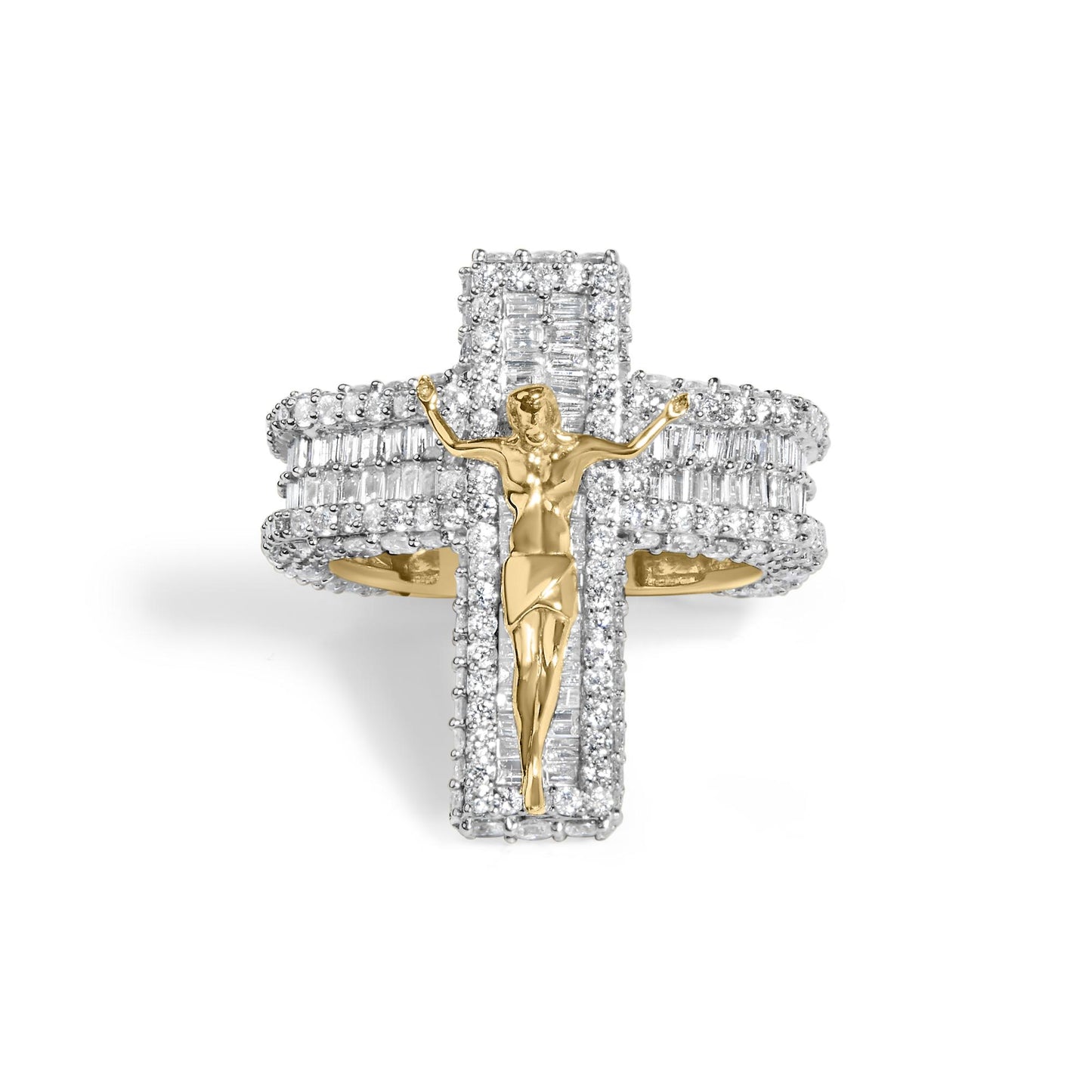 Close-up front view of a yellow ring shaped like a cross, featuring round and baguette white gemstones in prong settings, with a gold figure in the center.