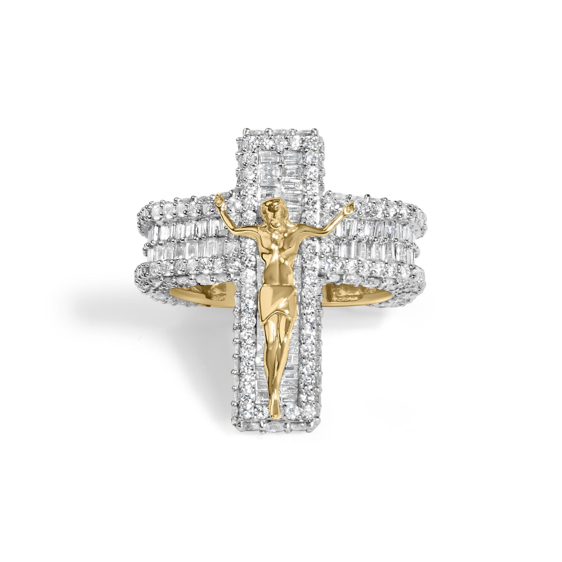 Close-up front view of a yellow ring shaped like a cross, featuring round and baguette white gemstones in prong settings, with a gold figure in the center.