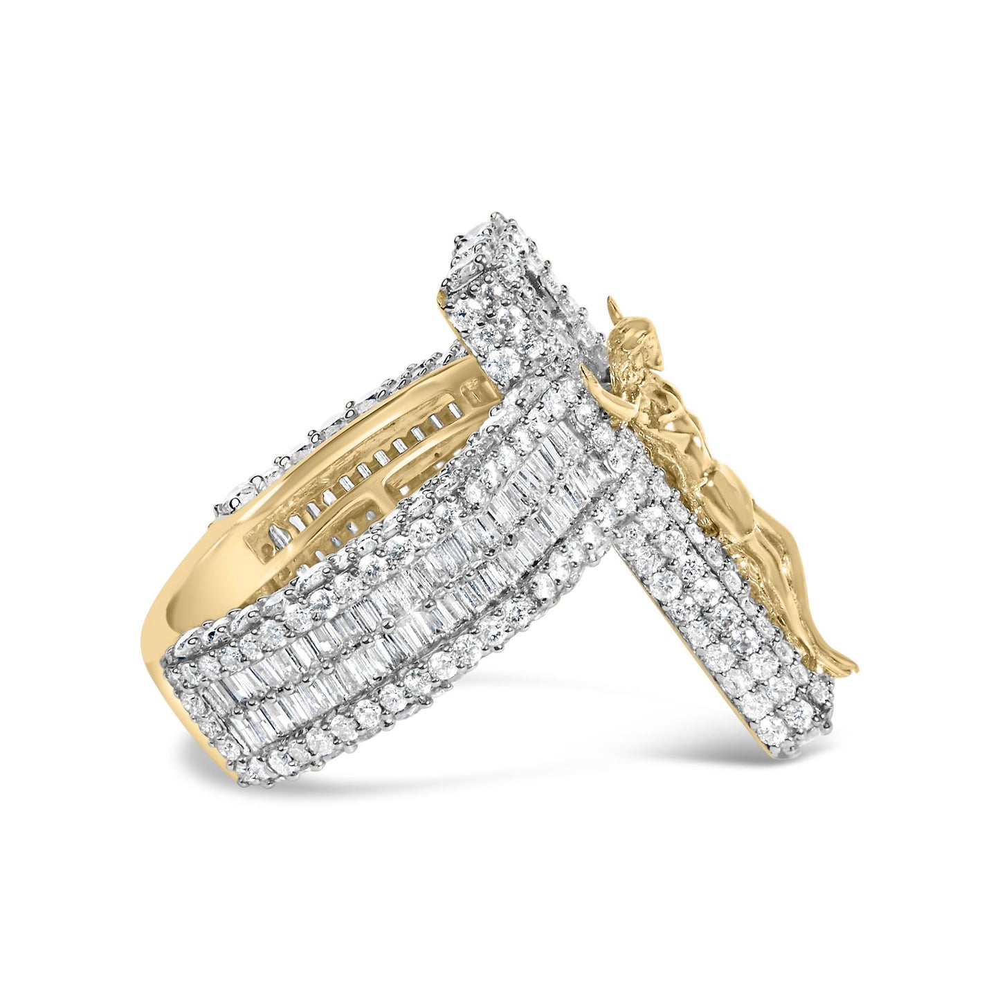 Close-up front angled view of a yellow metal ring featuring interwoven bands adorned with prong-set white round and baguette gemstones.