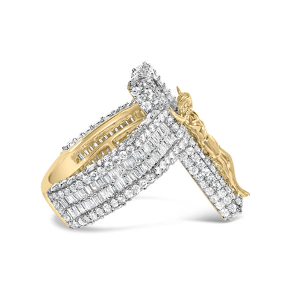 Close-up front angled view of a yellow metal ring featuring interwoven bands adorned with prong-set white round and baguette gemstones.