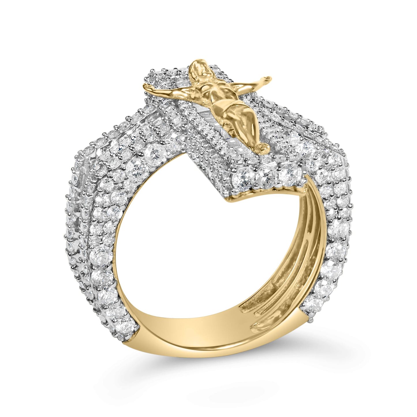 Close-up front angled view of a yellow ring featuring a detailed figure and multiple rows of white round and baguette gemstones in prong settings.
