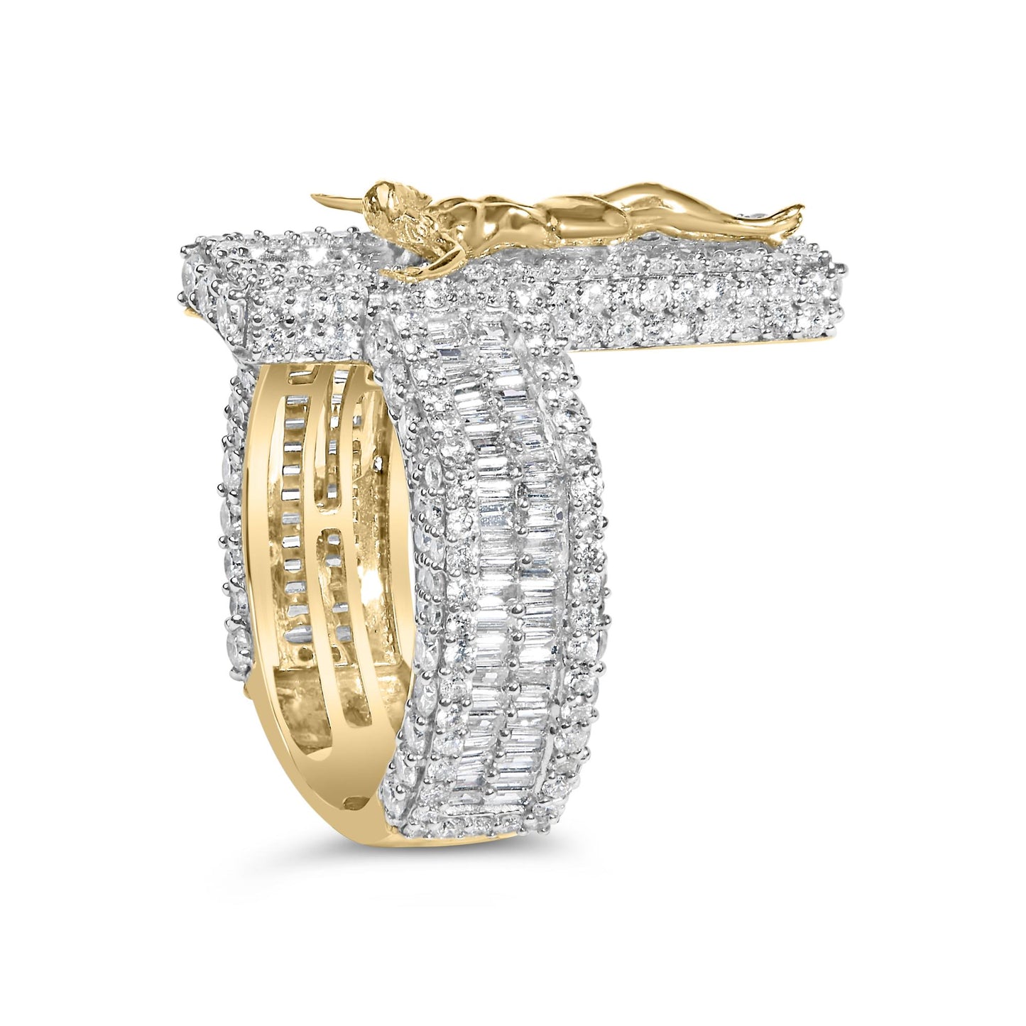 Close-up side angle of a yellow ring featuring three rows of white gemstones in round and baguette shapes with prong settings, topped with a small gold figure laying horizontally.