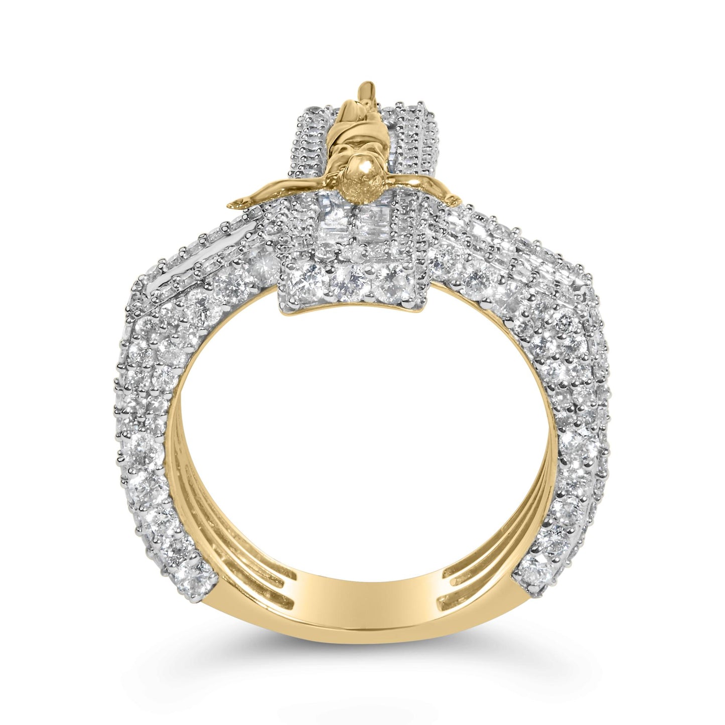 Close-up front view of a yellow ring featuring rows of white round and baguette gemstones with prong settings encircling the band.