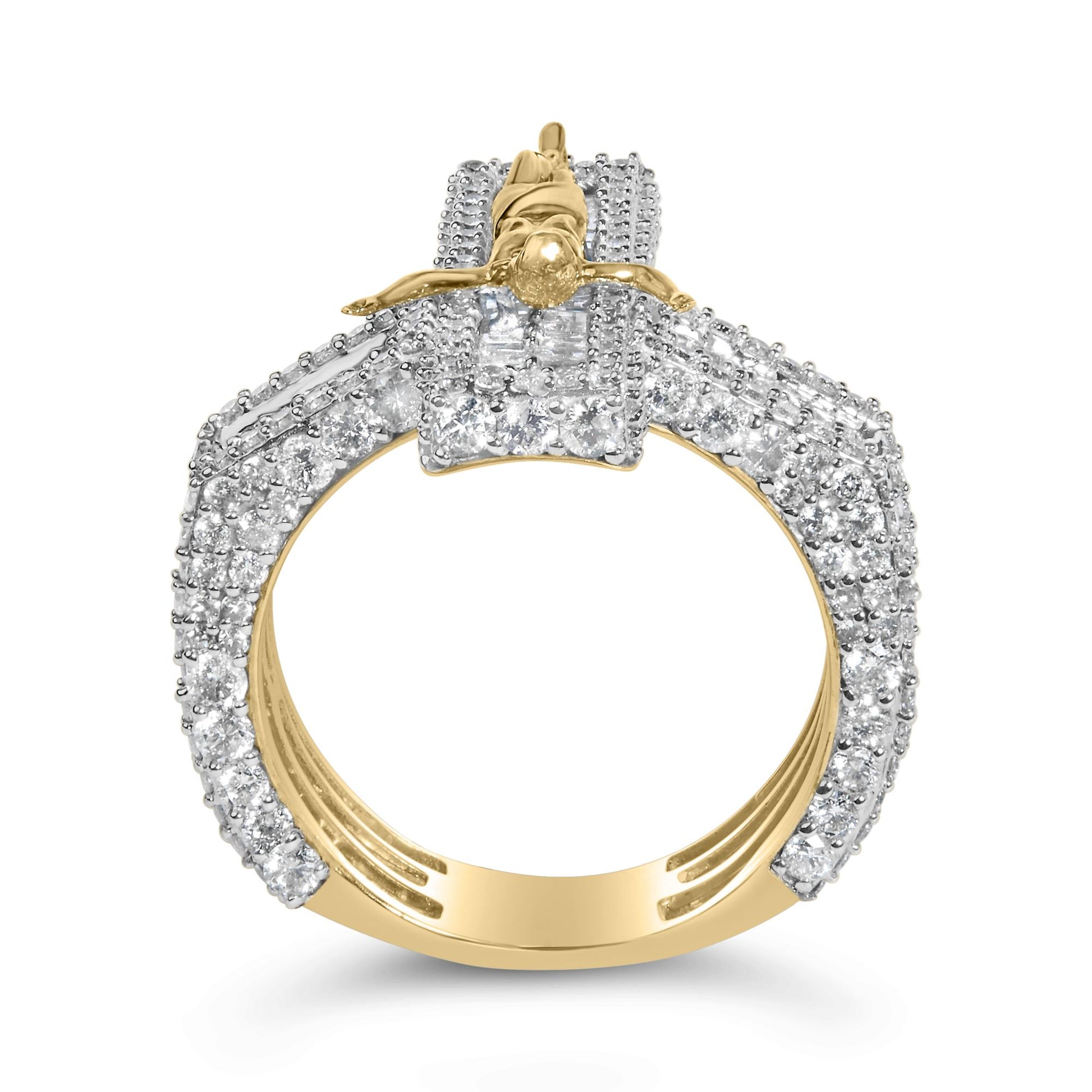 Close-up front view of a yellow ring featuring rows of white round and baguette gemstones with prong settings encircling the band.