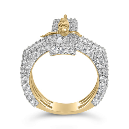 Close-up front view of a yellow ring featuring rows of white round and baguette gemstones with prong settings encircling the band.