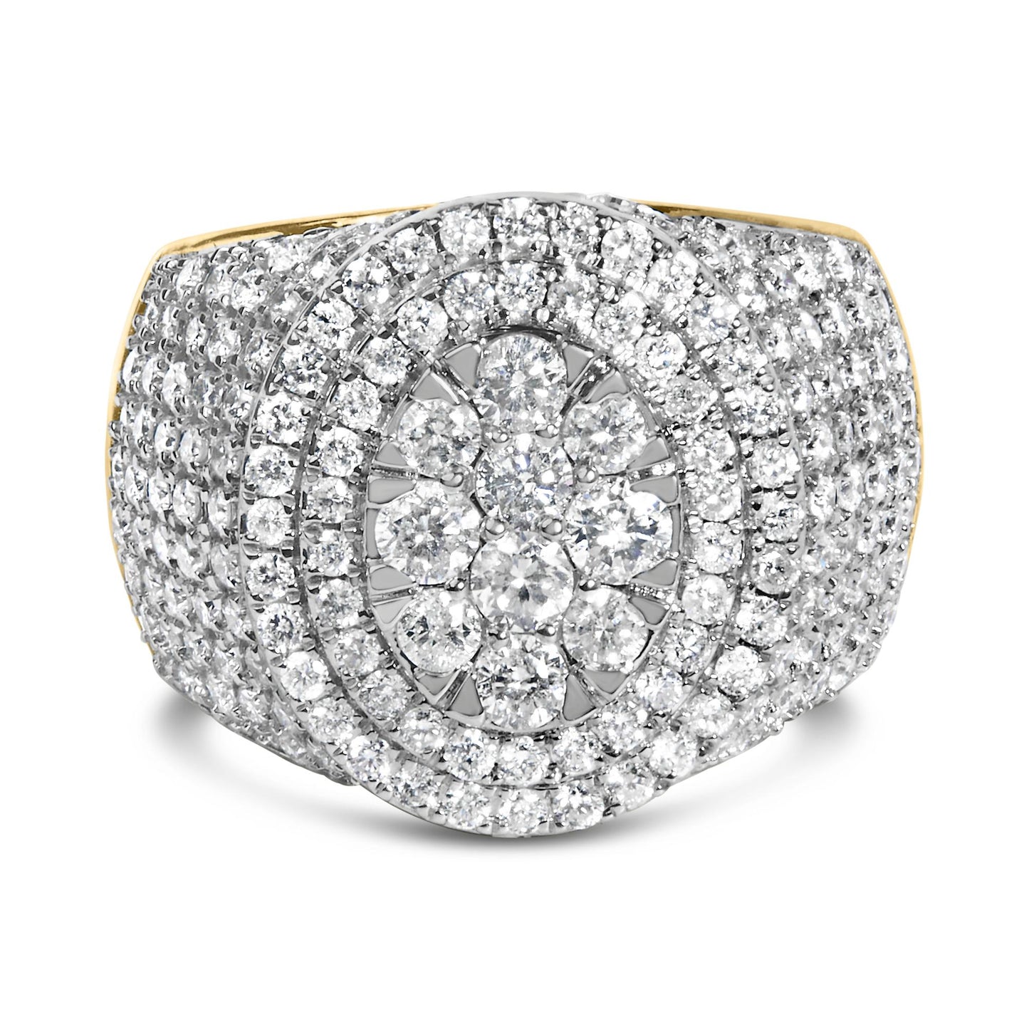 Close-up front angle of a yellow ring with multiple rows of round white gemstones in prong settings forming a circular pattern.