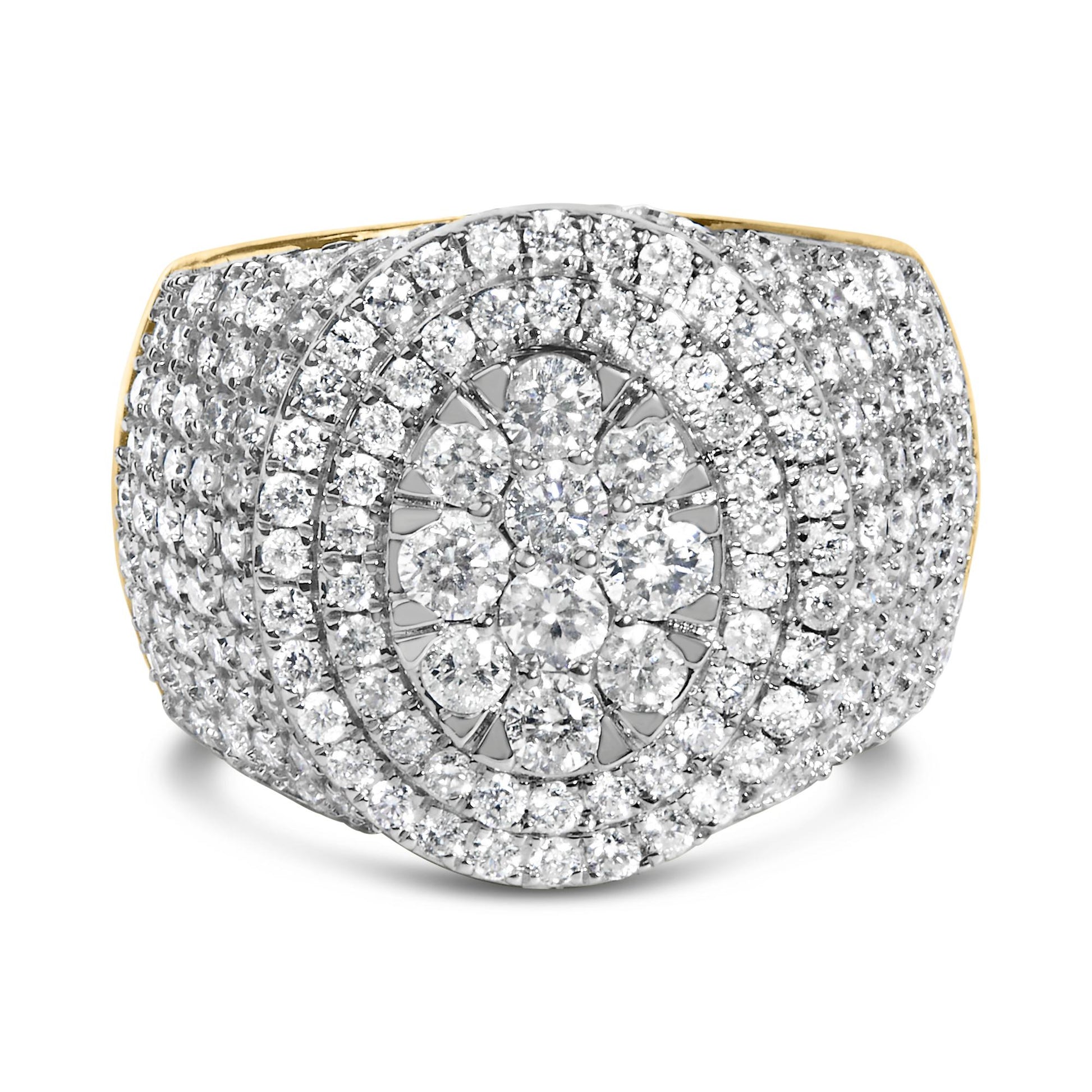 Close-up front angle of a yellow ring with multiple rows of round white gemstones in prong settings forming a circular pattern.