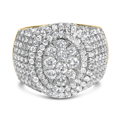 Close-up front angle of a yellow ring with multiple rows of round white gemstones in prong settings forming a circular pattern.