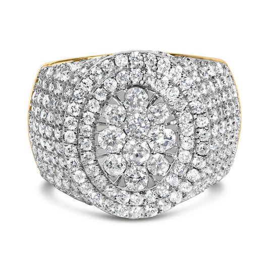 Close-up front angle of a yellow ring with multiple rows of round white gemstones in prong settings forming a circular pattern.