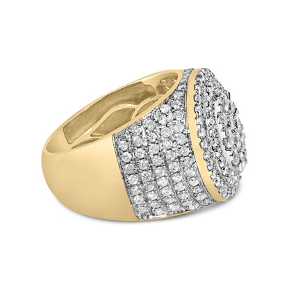 Close-up front angle of a yellow metal ring featuring multiple rows of small round white gemstones in prong settings across its wide band and top surface.